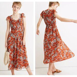 New! Madewell Sheer-Sleeve Button-Front Midi Dress Gathered Blooms 35549